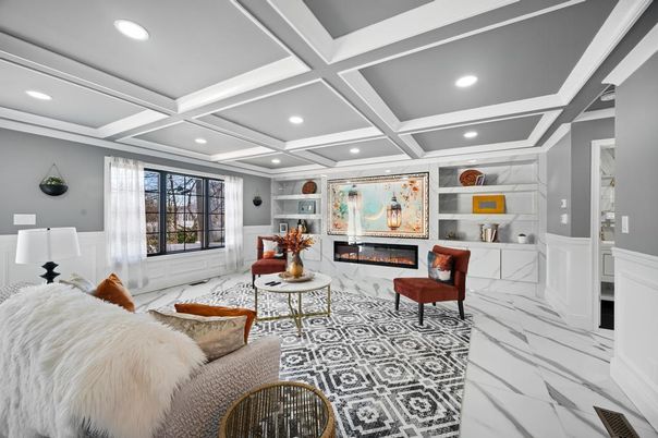 Fireplace, Interior, Living room, Marble, Recessed Lighting