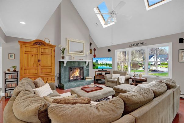 Fireplace, Interior, Living room, Recessed Lighting, Wood Texture Flooring