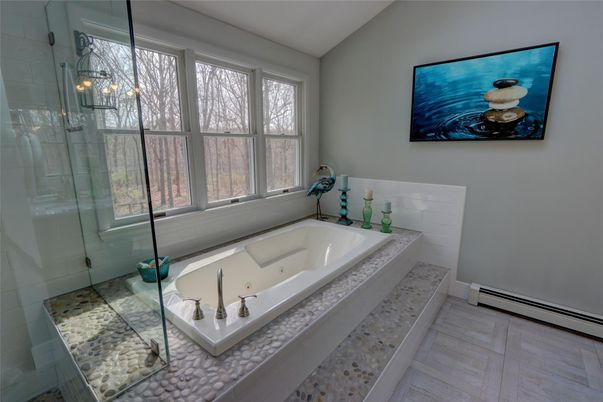 Bathroom, Glass Shower, Interior, Pendant Lights