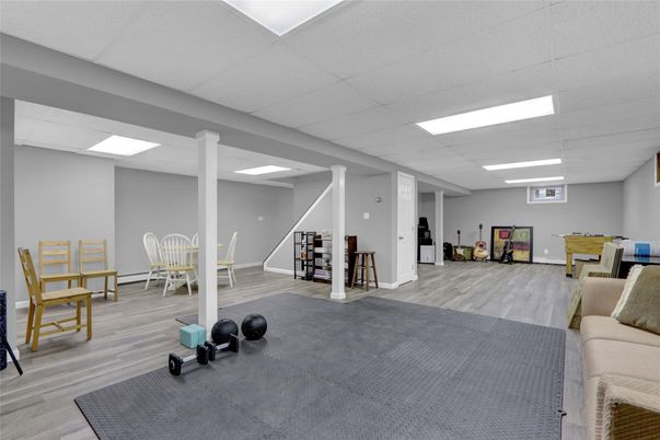 Dining room, Fitness Equipment, Interior, Recessed Lighting, Wood Texture Flooring