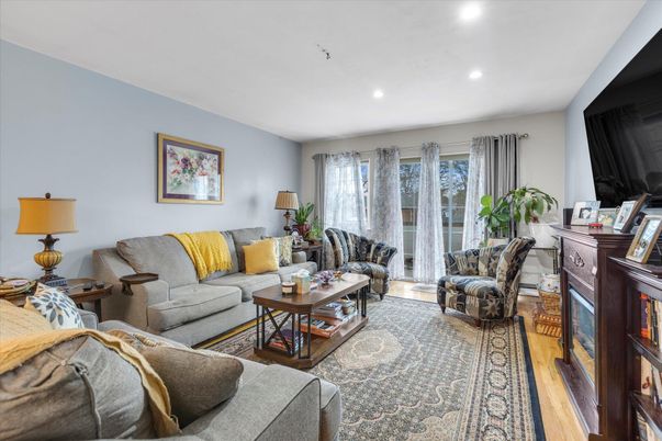 Fireplace, Interior, Living room, Recessed Lighting, Wood Texture Flooring