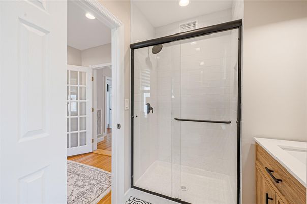 Bathroom, Glass Shower, Interior, Recessed Lighting, Wood Texture Flooring