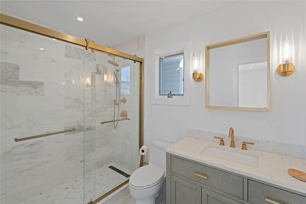 Bathroom, Glass Shower, Interior, Marble Walls, Recessed Lighting