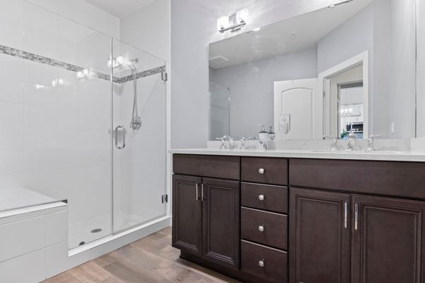 Bathroom, Dual Sink Vanities, Glass Shower, Interior, Wood Texture Flooring