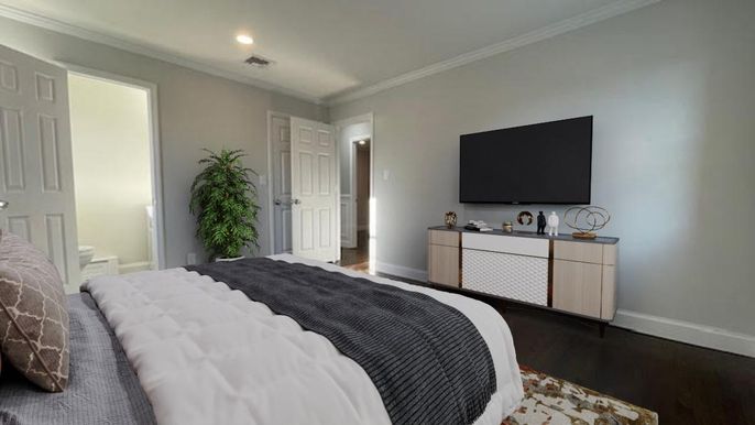 Bedroom, Interior, Recessed Lighting, Wood Texture Flooring