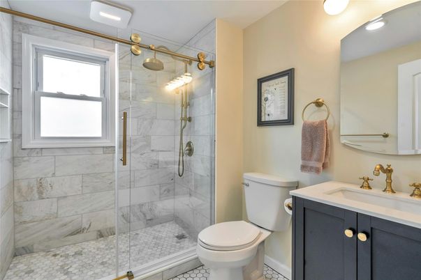 Bathroom, Glass Shower, Interior, Marble Walls, Recessed Lighting