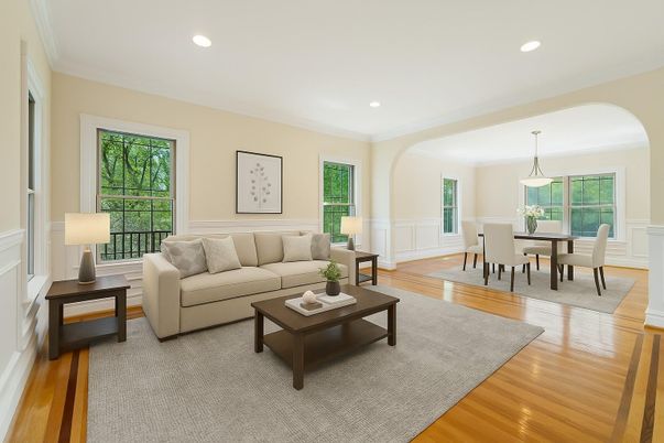 Dining room, Interior, Living room, Pendant Lights, Recessed Lighting, Wood Texture Flooring