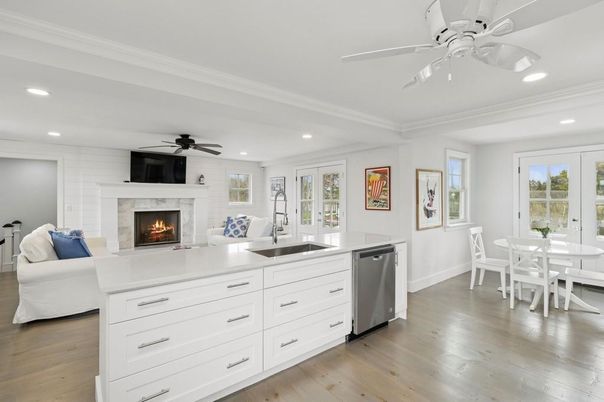 Dining room, Fireplace, Interior, Kitchen, Living room, Recessed Lighting, Wood Texture Flooring