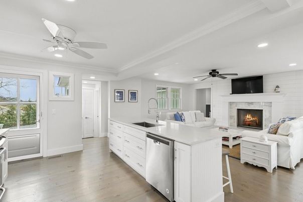 Fireplace, Interior, Kitchen, Living room, Recessed Lighting, Wood Texture Flooring