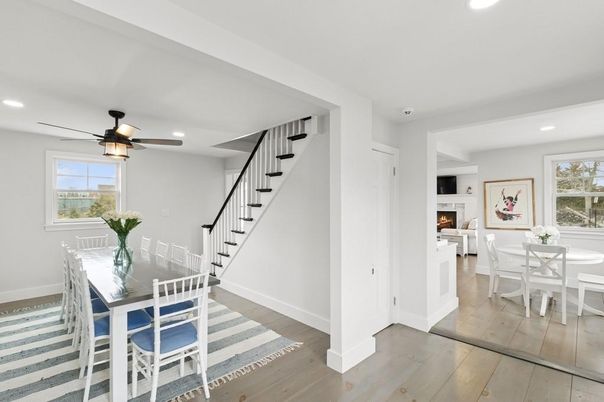Dining room, Fireplace, Interior, Recessed Lighting, Wood Texture Flooring