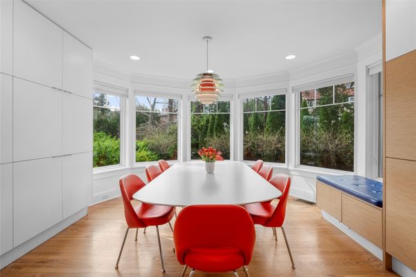 Dining room, Interior, Recessed Lighting, Sun Room, Wood Texture Flooring