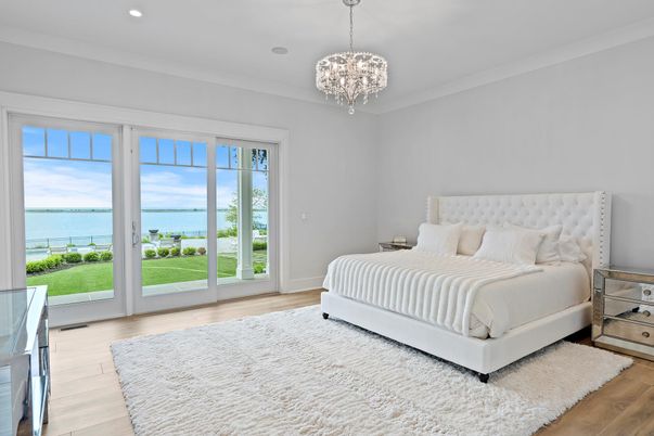 Bedroom, Chandelier, Interior, Recessed Lighting, Water, Wood Texture Flooring