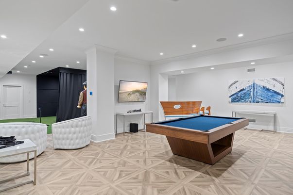 Billiard Table, Game Room, Interior, Recessed Lighting, Wood Texture Flooring