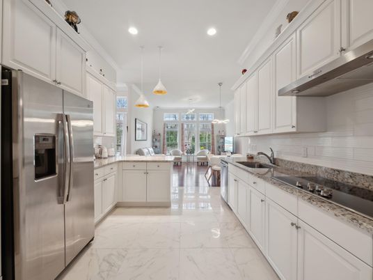 Dining room, Interior, Kitchen, Marble, Pendant Lights, Recessed Lighting, Stainless Steel Appliances
