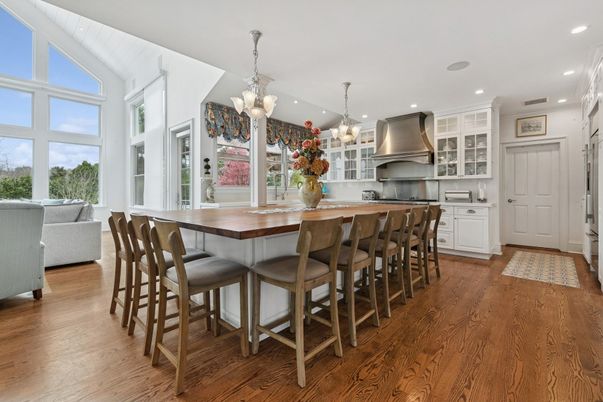 Chandelier, Interior, Kitchen, Pendant Lights, Recessed Lighting, Stainless Steel Appliances, Wood Texture Flooring