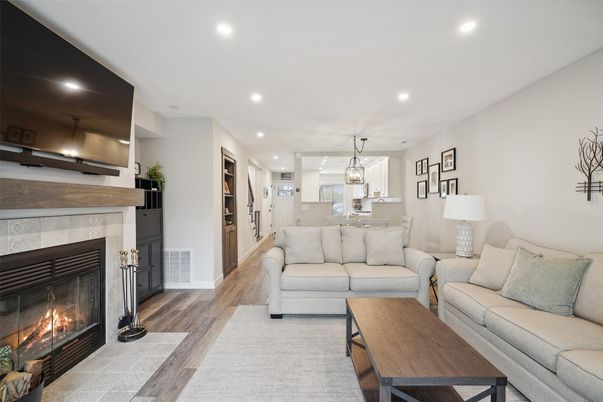 Dining room, Fireplace, Interior, Kitchen, Living room, Pendant Lights, Recessed Lighting, Wood Texture Flooring