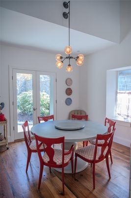 Dining room, Interior, Pendant Lights, Wood Texture Flooring
