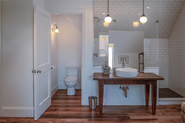 Bathroom, Interior, Pendant Lights, Wood Texture Flooring