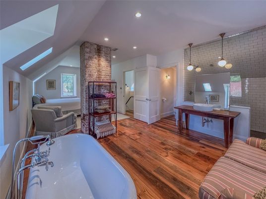 Home Office, Interior, Pendant Lights, Recessed Lighting, Stone Walls, Wood Texture Flooring
