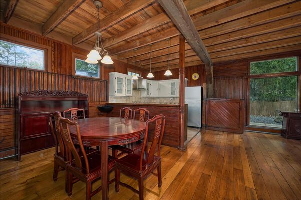 Dining room, Interior, Kitchen, Pendant Lights, Wooden Beams, Wooden Ceilings, Wood Texture Flooring, Wooden Walls