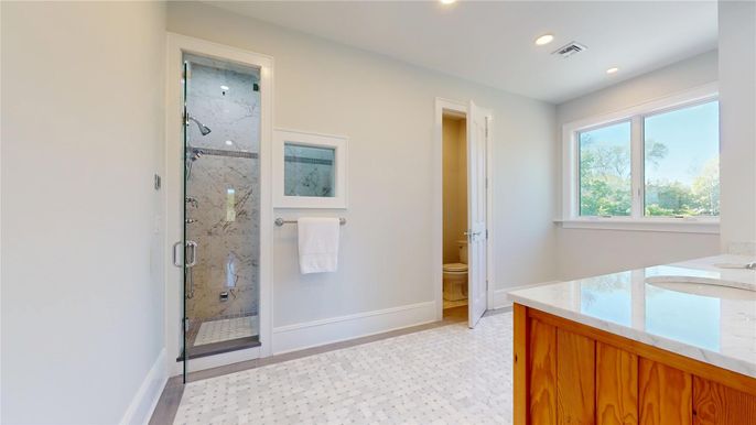 Bathroom, Glass Shower, Interior, Marble Walls, Recessed Lighting
