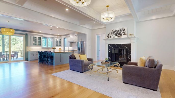 Fireplace, Interior, Kitchen, Living room, Pendant Lights, Recessed Lighting, Wood Texture Flooring