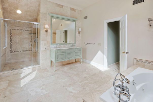 Bathroom, Dual Sink Vanities, Glass Shower, Interior, Recessed Lighting