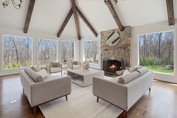 Fireplace, Interior, Living room, Stone Walls, Wooden Beams, Wood Texture Flooring