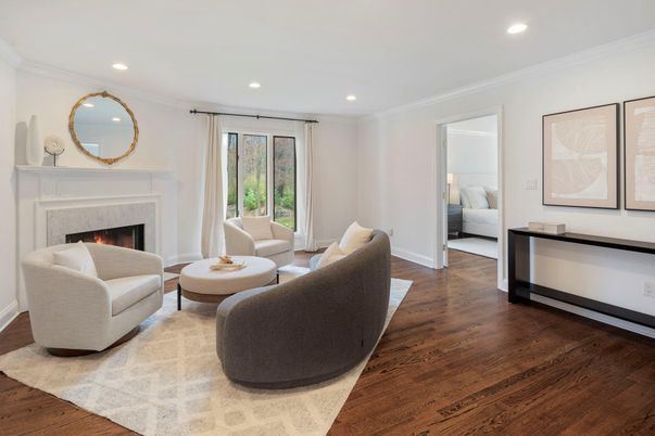 Bedroom, Fireplace, Interior, Living room, Recessed Lighting, Wood Texture Flooring