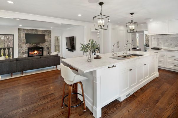 Fireplace, Interior, Kitchen, Living room, Pendant Lights, Recessed Lighting, Stone Walls, Wood Texture Flooring