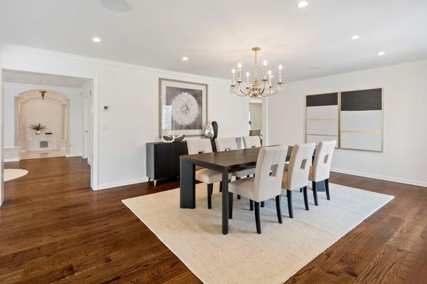 Chandelier, Dining room, Interior, Recessed Lighting, Wood Texture Flooring