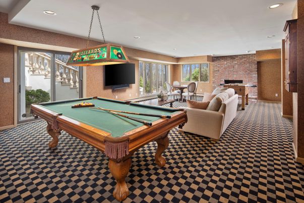 Billiard Table, Fireplace, Game Room, Interior, Pendant Lights, Recessed Lighting, Stone Walls