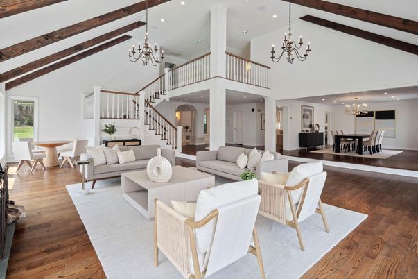 Chandelier, Dining room, Interior, Living room, Recessed Lighting, Wooden Beams, Wood Texture Flooring