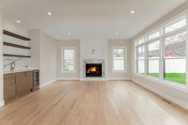 Empty room, Fireplace, Interior, Recessed Lighting, Wood Texture Flooring
