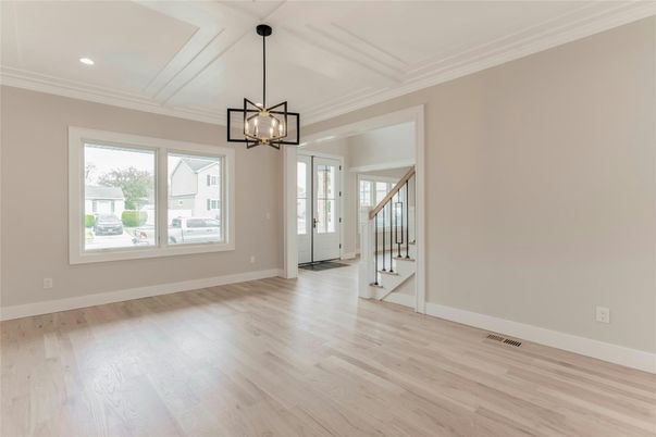 Empty room, Interior, Pendant Lights, Recessed Lighting, Wood Texture Flooring