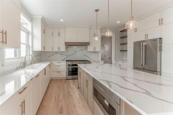 Interior, Kitchen, Pendant Lights, Recessed Lighting, Stainless Steel Appliances, Wood Texture Flooring