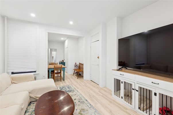Dining room, Interior, Living room, Recessed Lighting, Wood Texture Flooring