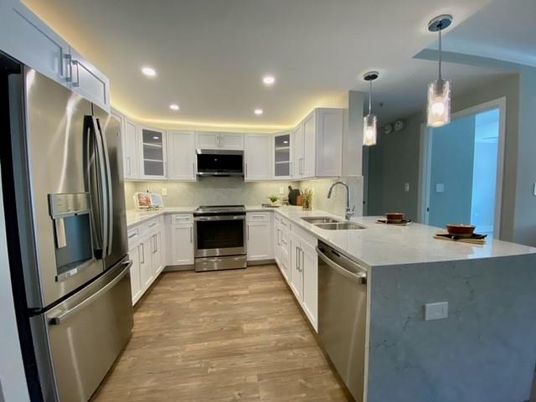 Interior, Kitchen, Pendant Lights, Recessed Lighting, Stainless Steel Appliances, Wood Texture Flooring