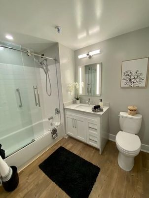 Bathroom, Glass Shower, Interior, Recessed Lighting, Wood Texture Flooring