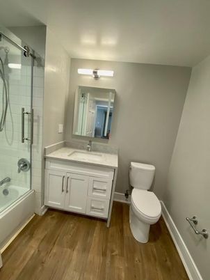 Bathroom, Glass Shower, Interior, Wood Texture Flooring
