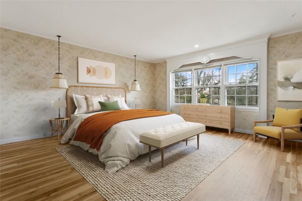 Bedroom, Interior, Pendant Lights, Recessed Lighting, Wood Texture Flooring