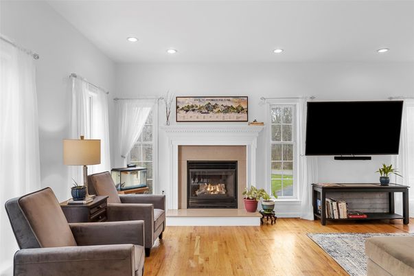 Fireplace, Interior, Living room, Recessed Lighting, Wood Texture Flooring