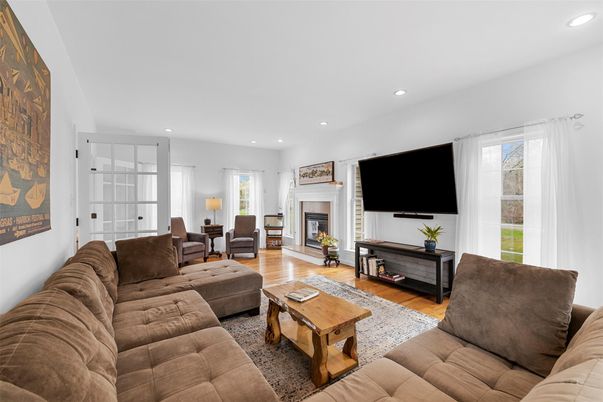 Fireplace, Interior, Living room, Recessed Lighting, Wood Texture Flooring