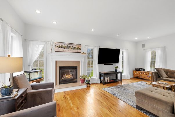 Fireplace, Interior, Living room, Recessed Lighting, Wood Texture Flooring