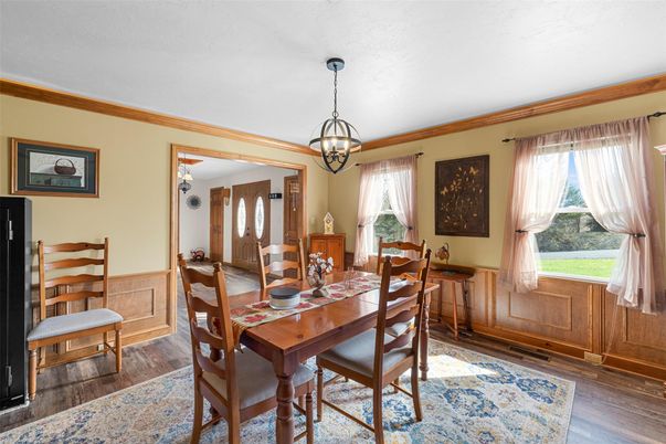 Chandelier, Dining room, Interior, Wood Texture Flooring