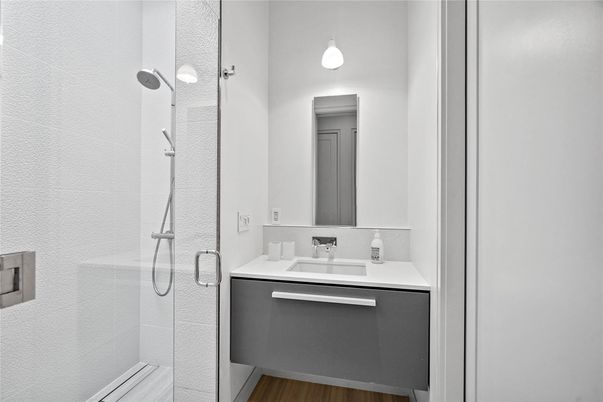 Bathroom, Glass Shower, Interior, Wood Texture Flooring