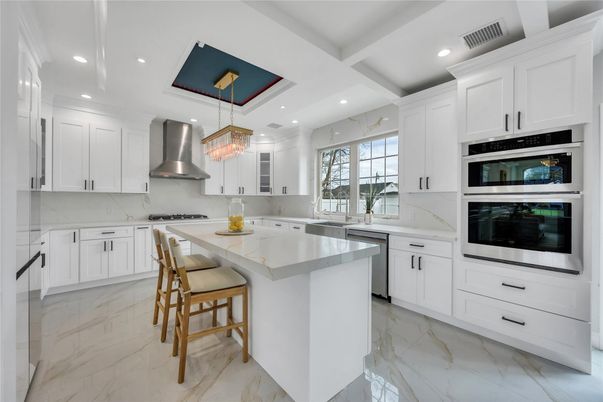 Interior, Kitchen, Marble, Pendant Lights, Recessed Lighting, Stainless Steel Appliances