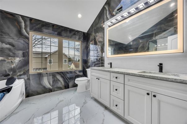 Bathroom, Dual Sink Vanities, Interior, Marble, Recessed Lighting