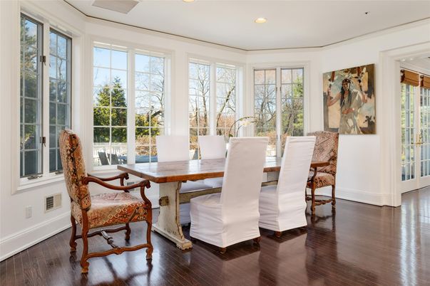 Dining room, Interior, Recessed Lighting, Wood Texture Flooring