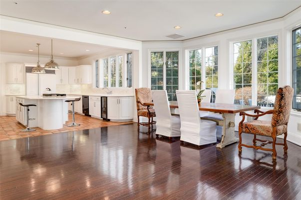 Dining room, Interior, Kitchen, Pendant Lights, Recessed Lighting, Wood Texture Flooring